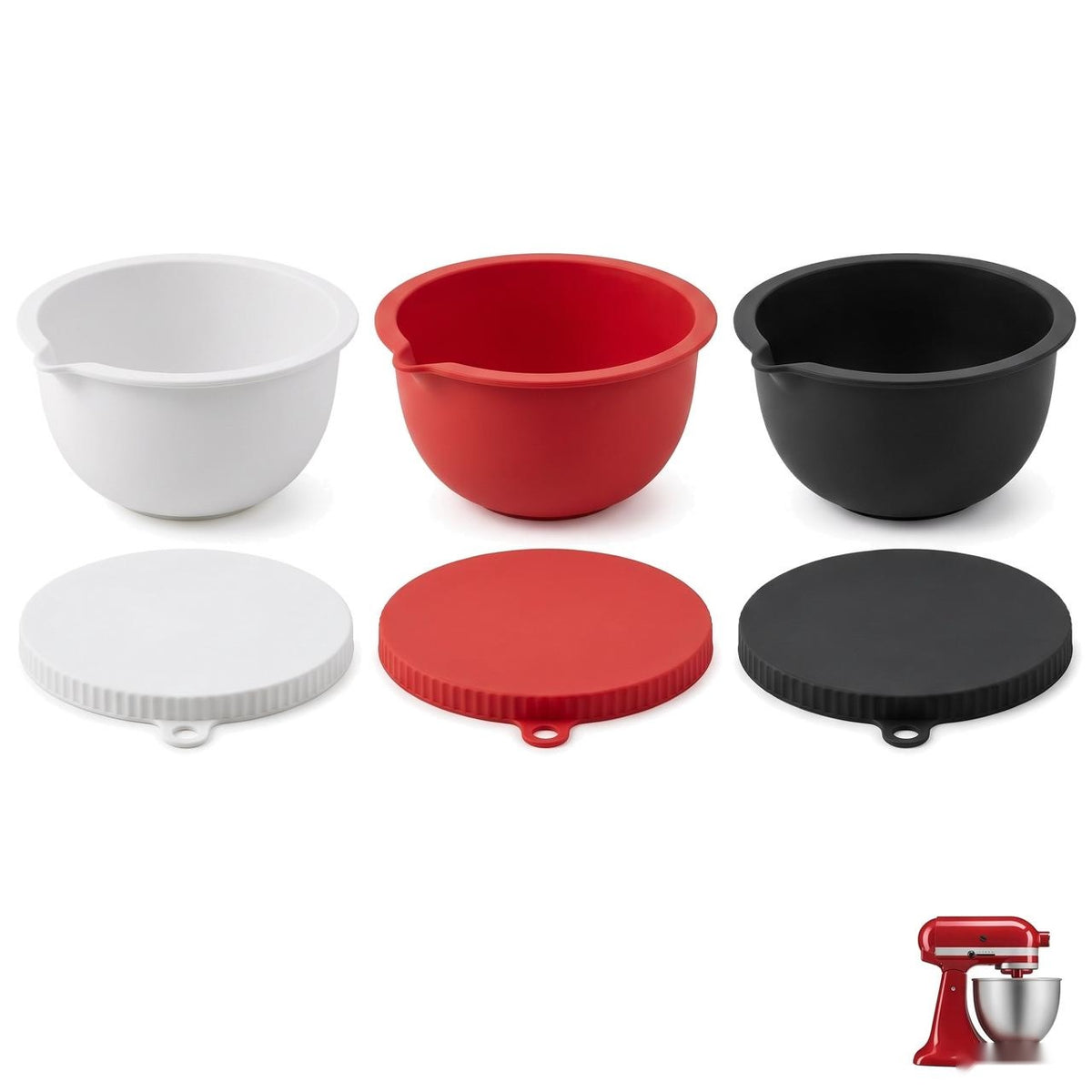 Bake Halo silicone bowl liners in white, red and black with matching lids, on a white background