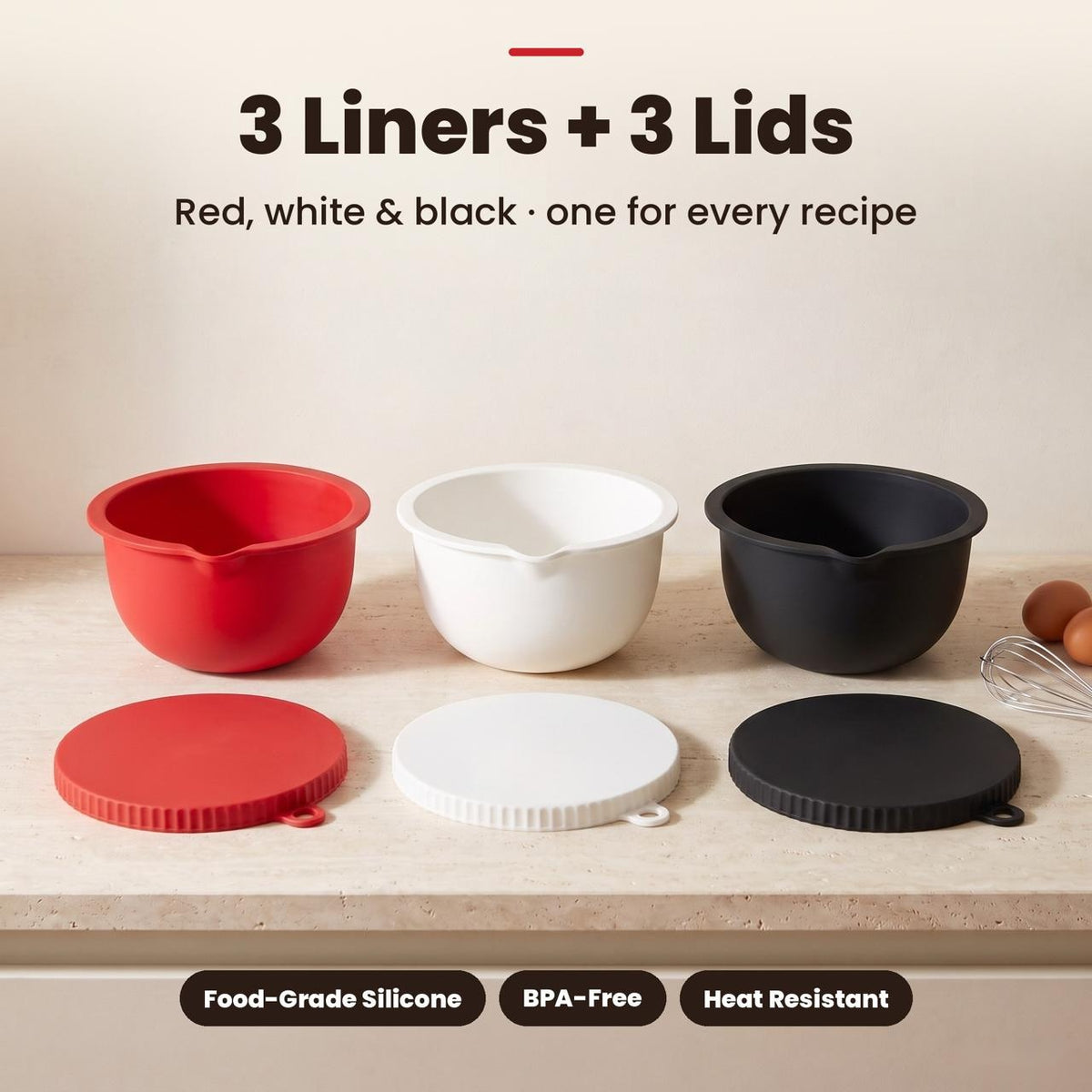 3 silicone liners and 3 lids in red, white and black on a kitchen counter – food-grade, BPA-free, heat resistant