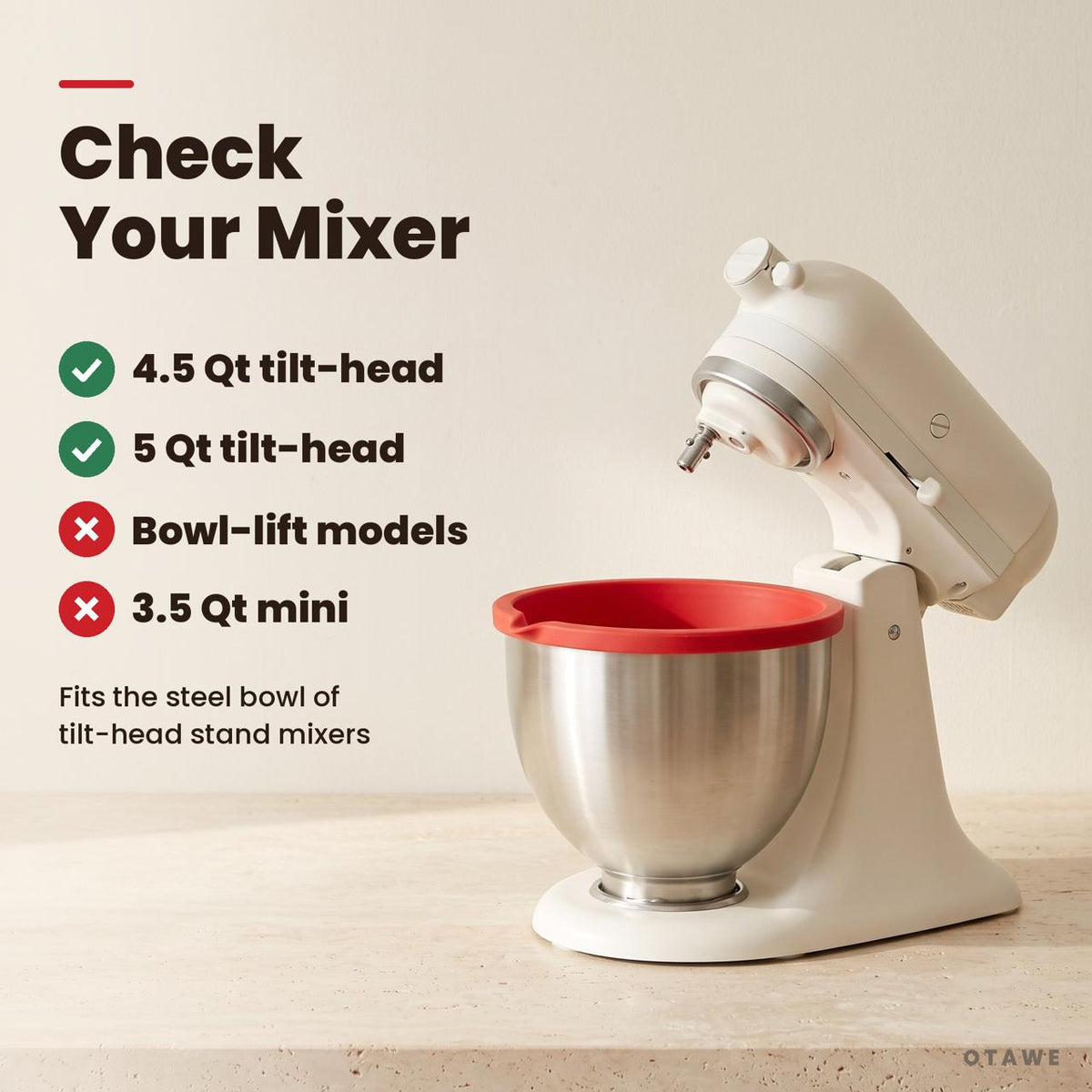 Compatibility: fits 4.5 Qt and 5 Qt tilt-head mixers, not bowl-lift models or 3.5 Qt mini