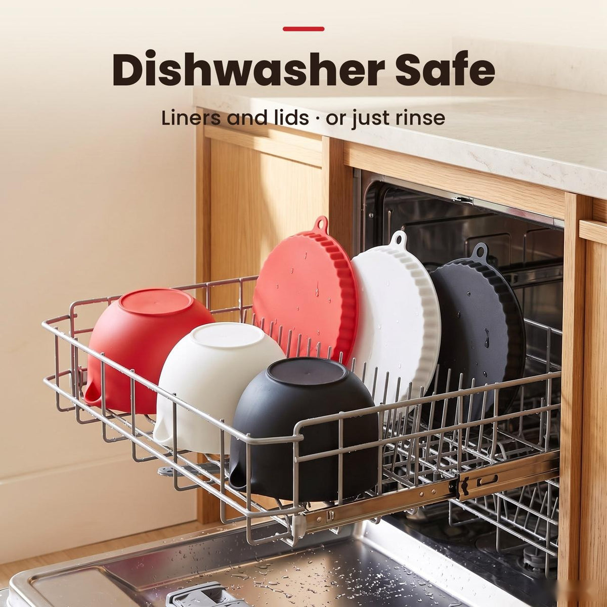 Silicone liners and lids in a dishwasher rack – dishwasher safe